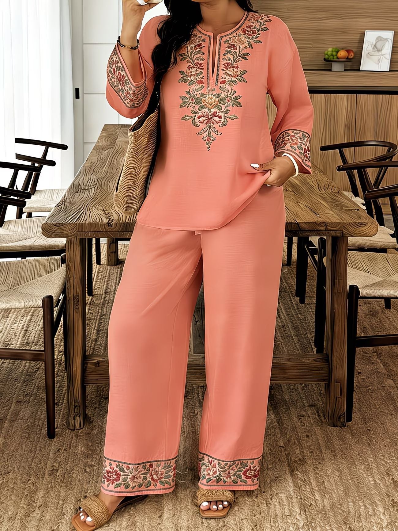 Boho Artisanal Embroidered Linen V-Neck Tunic Top & Wide Leg Pants
