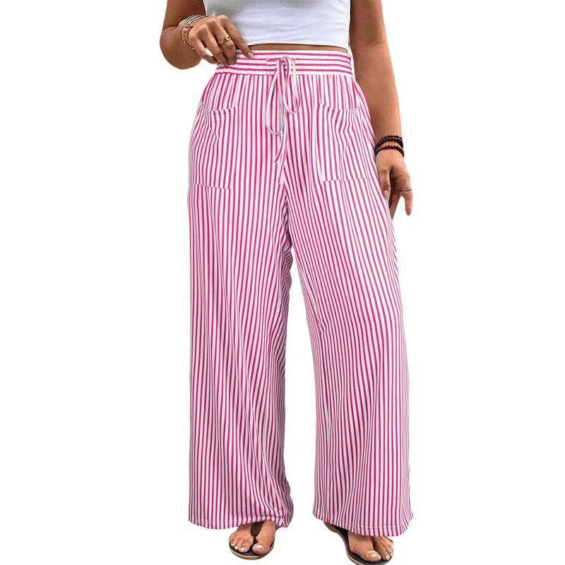 Women's Plus Size Vertical Striped High Waist Drawstring Wide Leg Pants