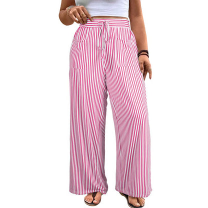 Women's Plus Size Vertical Striped High Waist Drawstring Wide Leg Pants
