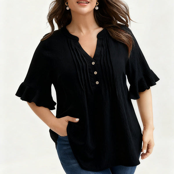 Plus Size Cotton Linen Ruffle V-Neck Summer Blouse