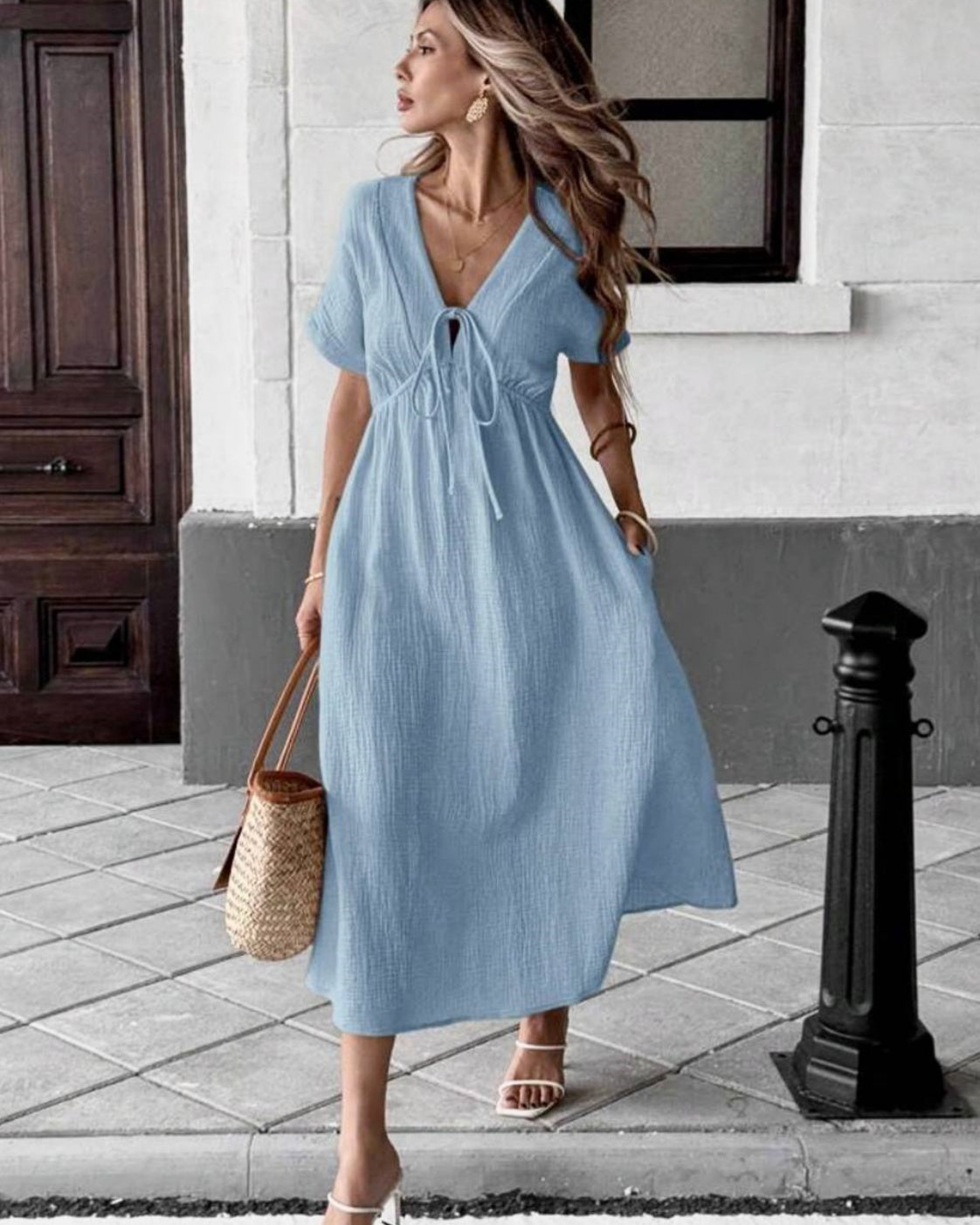 Women's Breezy Cotton V-Neck Midi Dress with Pockets