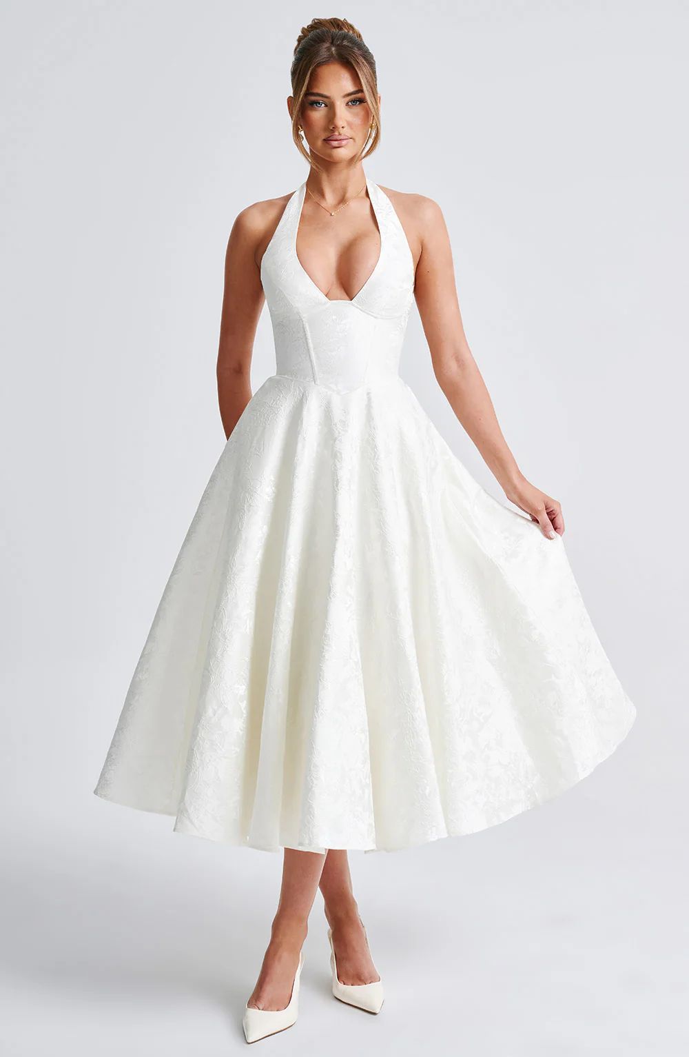 Floral Jacquard Halter Maxi Dress – Lace-Up Wedding Guest Dress