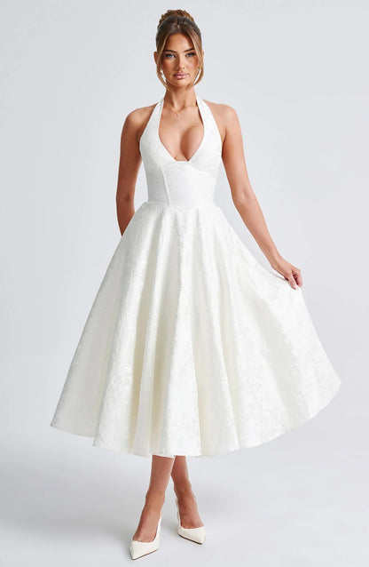 Floral Jacquard Halter Maxi Dress – Lace-Up Wedding Guest Dress