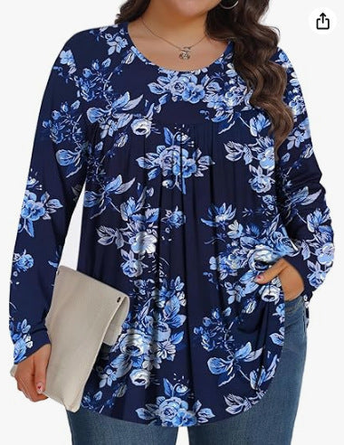 Plus Size Cotton Floral Long Sleeve Pleated Tunic Top
