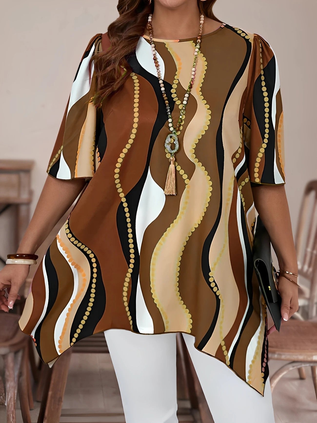 Plus Size Boho Abstract Print Half-Sleeve Tunic Top