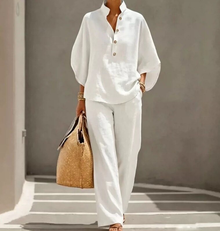 Women's Stand Collar Two-Piece Linen Blend Set