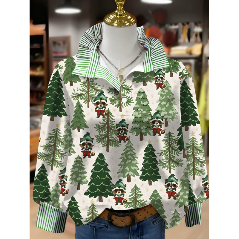 Retro Paisley Print Striped Collar Three Quater Sleeve Blouse