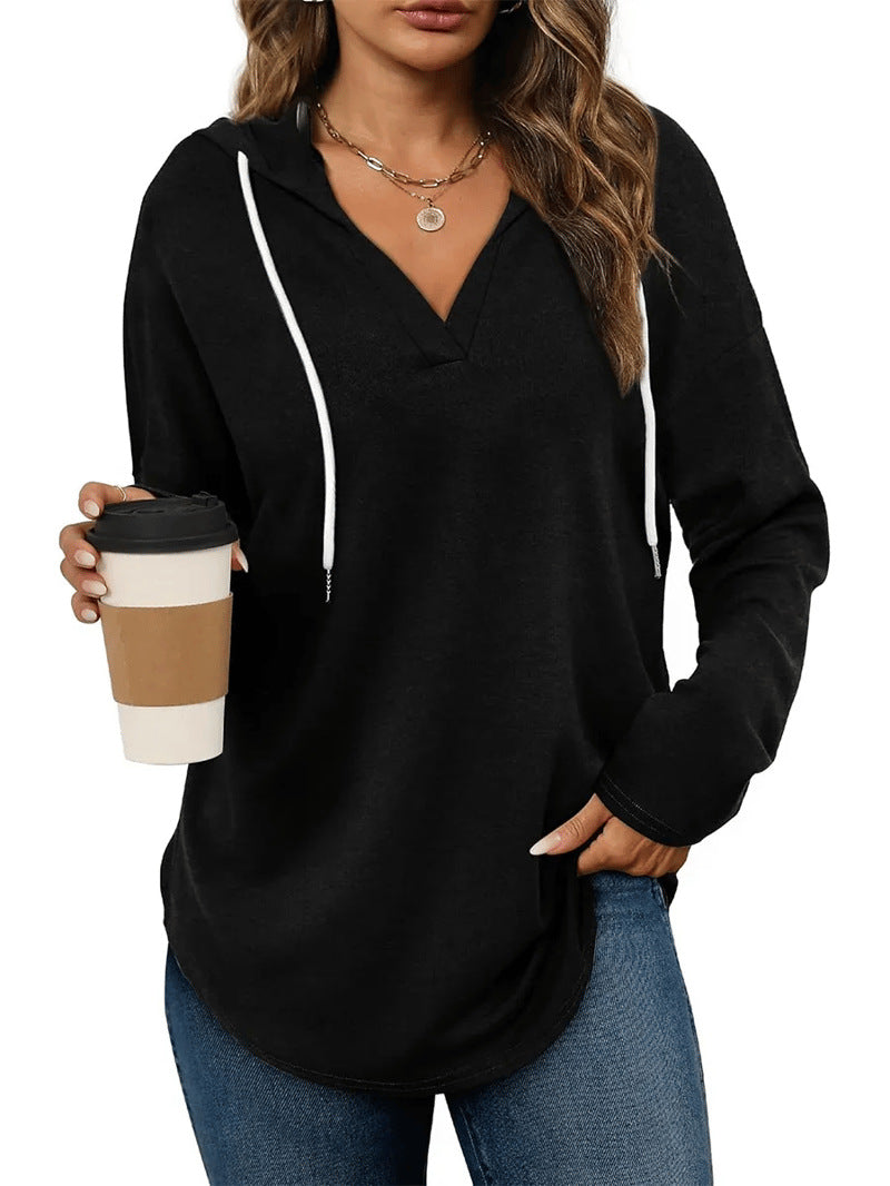 Women's Soft V-Neck Loose Drawstring Hoodie Long Sleeve Sweatshirt