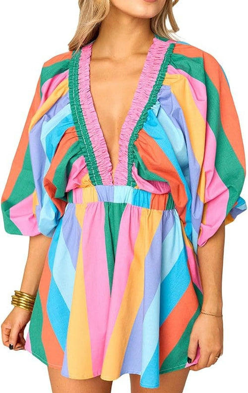 🌈Colorful Puff Sleeve Romper – Effortless Vacation Style in One Piece