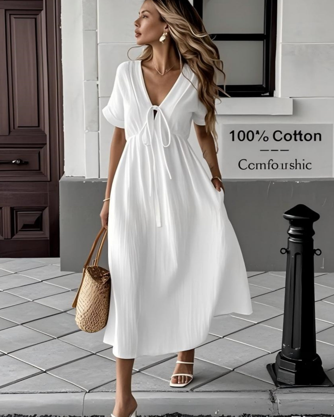 Women's Breezy Cotton V-Neck Midi Dress with Pockets