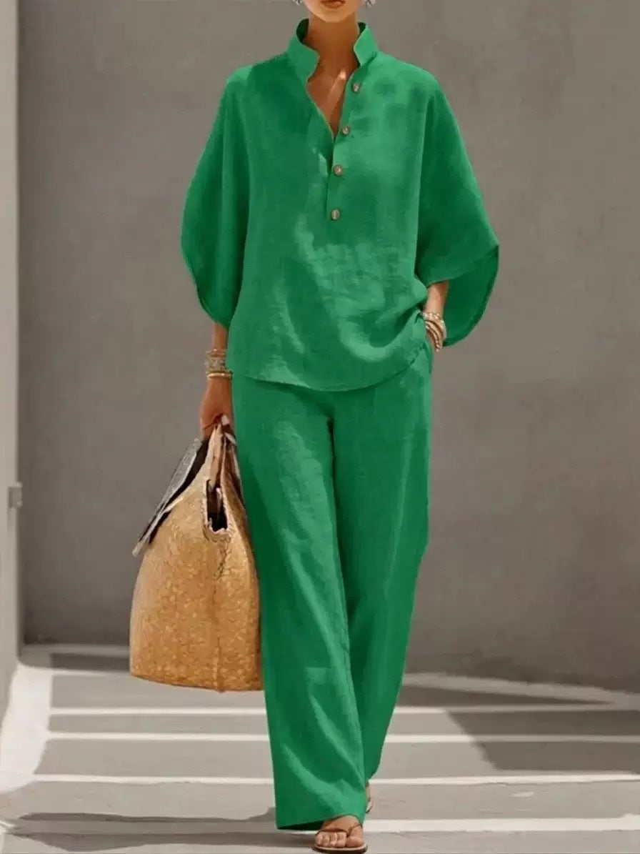 Women's Stand Collar Two-Piece Linen Blend Set