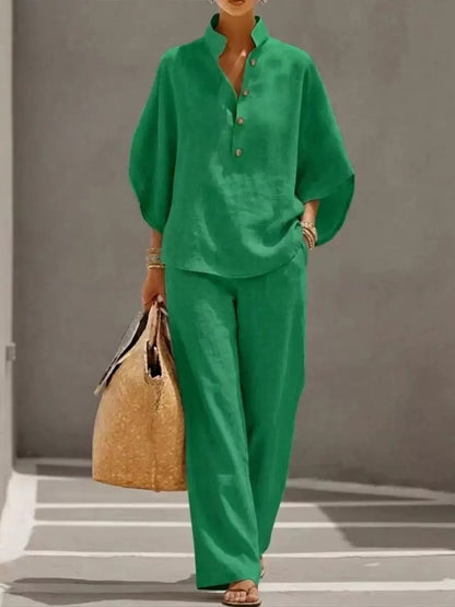 Women's Stand Collar Two-Piece Linen Blend Set