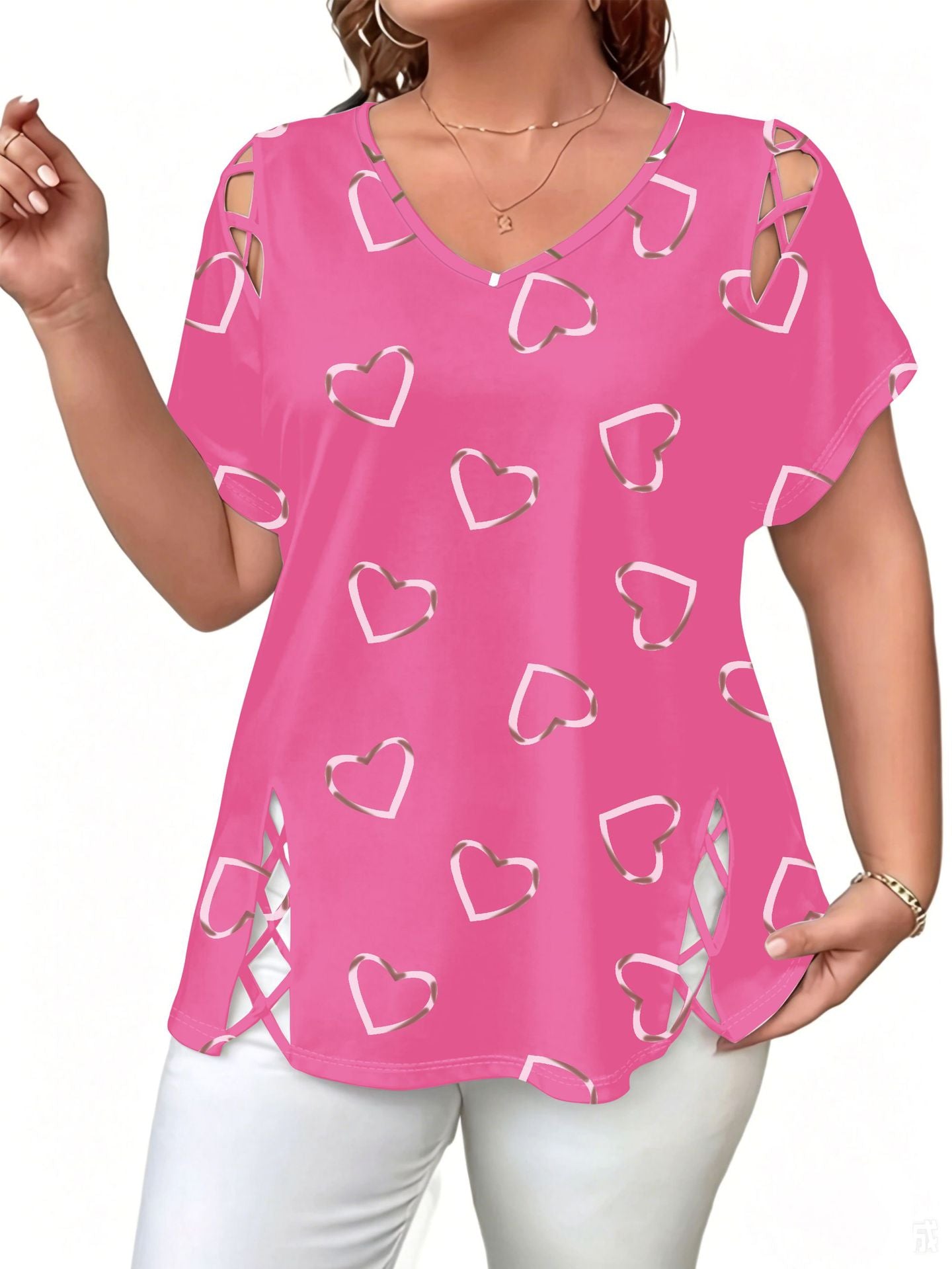 Women's Plus Size Heart Print V-Neck Top