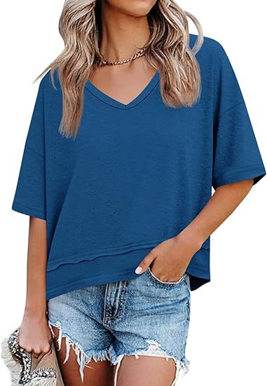 Women's Cotton V-Neck Spliced Layered Hem Summer Top