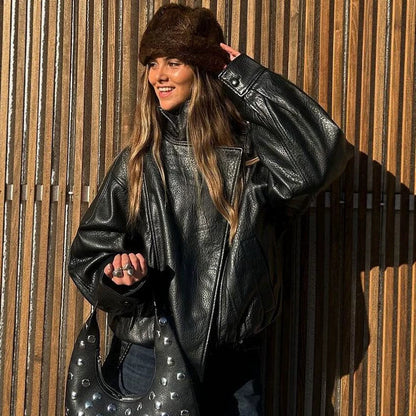 Women’s Oversized Stand Collar Faux Leather Jacket