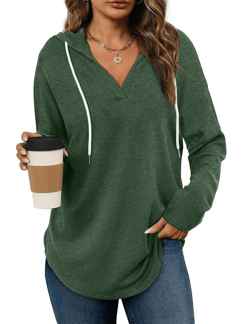 Women's Soft V-Neck Loose Drawstring Hoodie Long Sleeve Sweatshirt