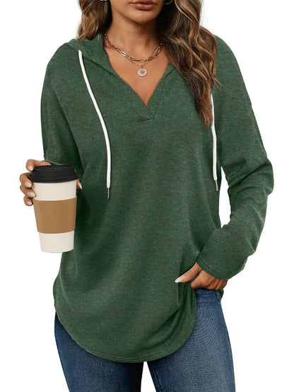 Women's Soft V-Neck Loose Drawstring Hoodie Long Sleeve Sweatshirt