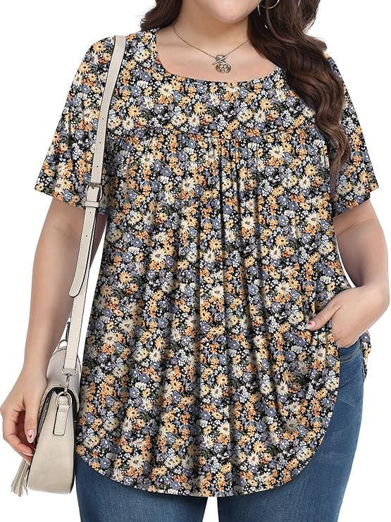 Women's Plus Size Floral Square Neck Pleated Tunic