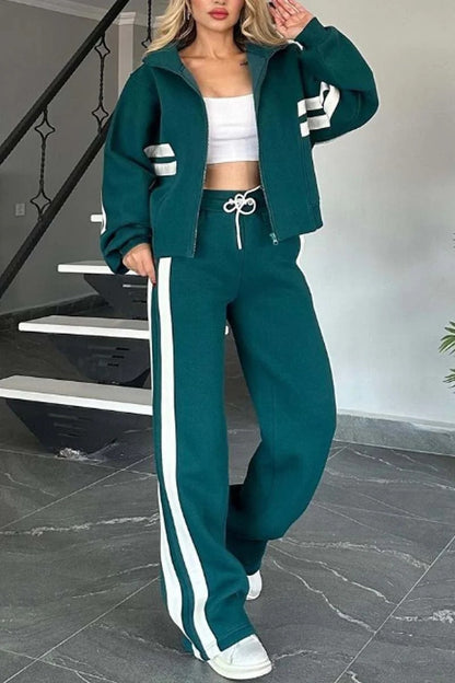 Women's Contrast Stripe Zip Up Jacket & Wide Leg Pants Set