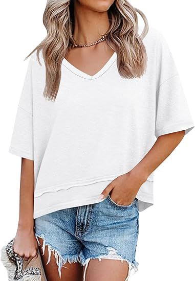 Women's Cotton V-Neck Spliced Layered Hem Summer Top
