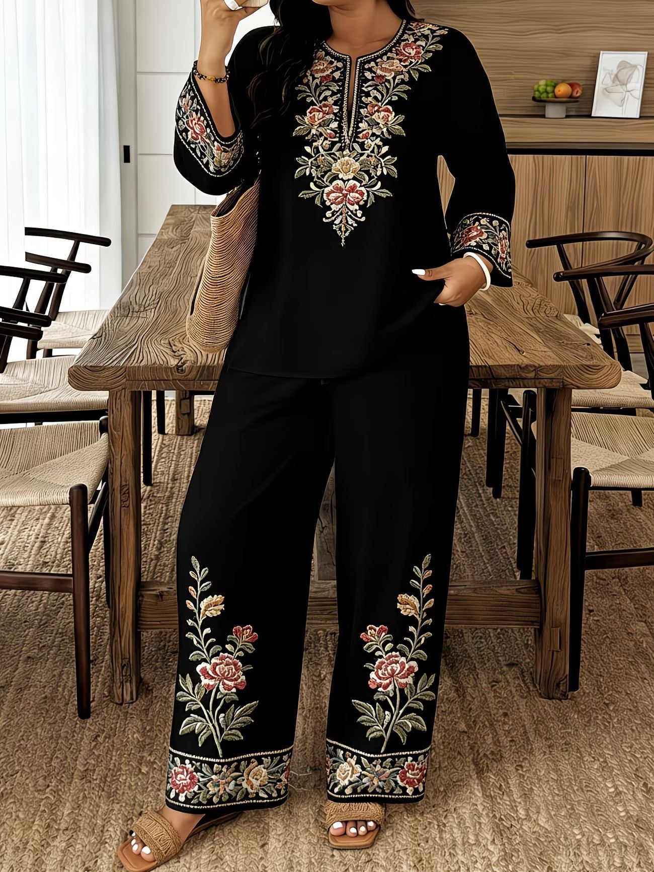 Boho Artisanal Embroidered Linen V-Neck Tunic Top & Wide Leg Pants