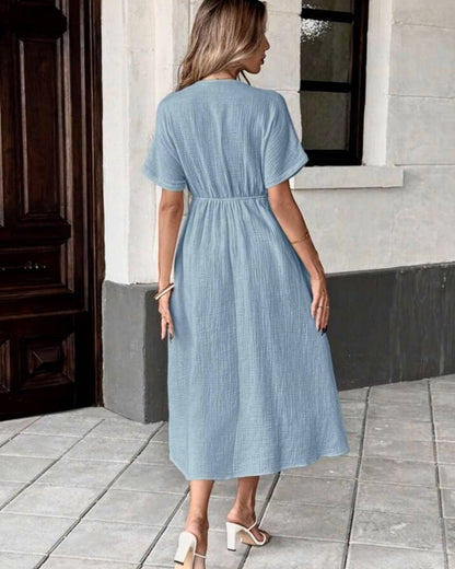 Women's Breezy Cotton V-Neck Midi Dress with Pockets