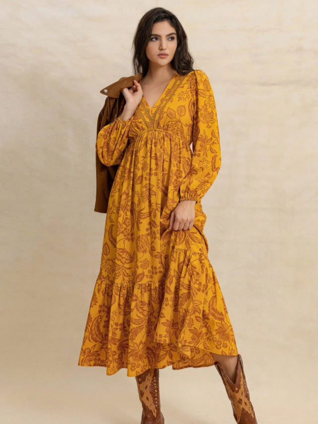 Women's Floral Boho V-Neck Long Sleeve Maxi Dress