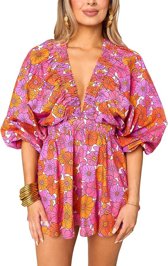 🌈Colorful Puff Sleeve Romper – Effortless Vacation Style in One Piece