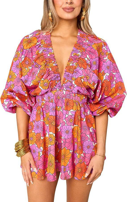 🌈Colorful Puff Sleeve Romper – Effortless Vacation Style in One Piece
