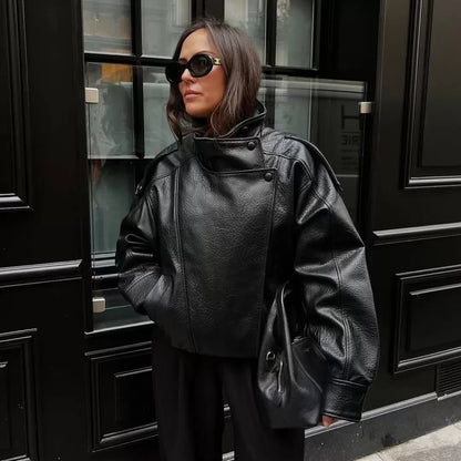 Women’s Oversized Stand Collar Faux Leather Jacket