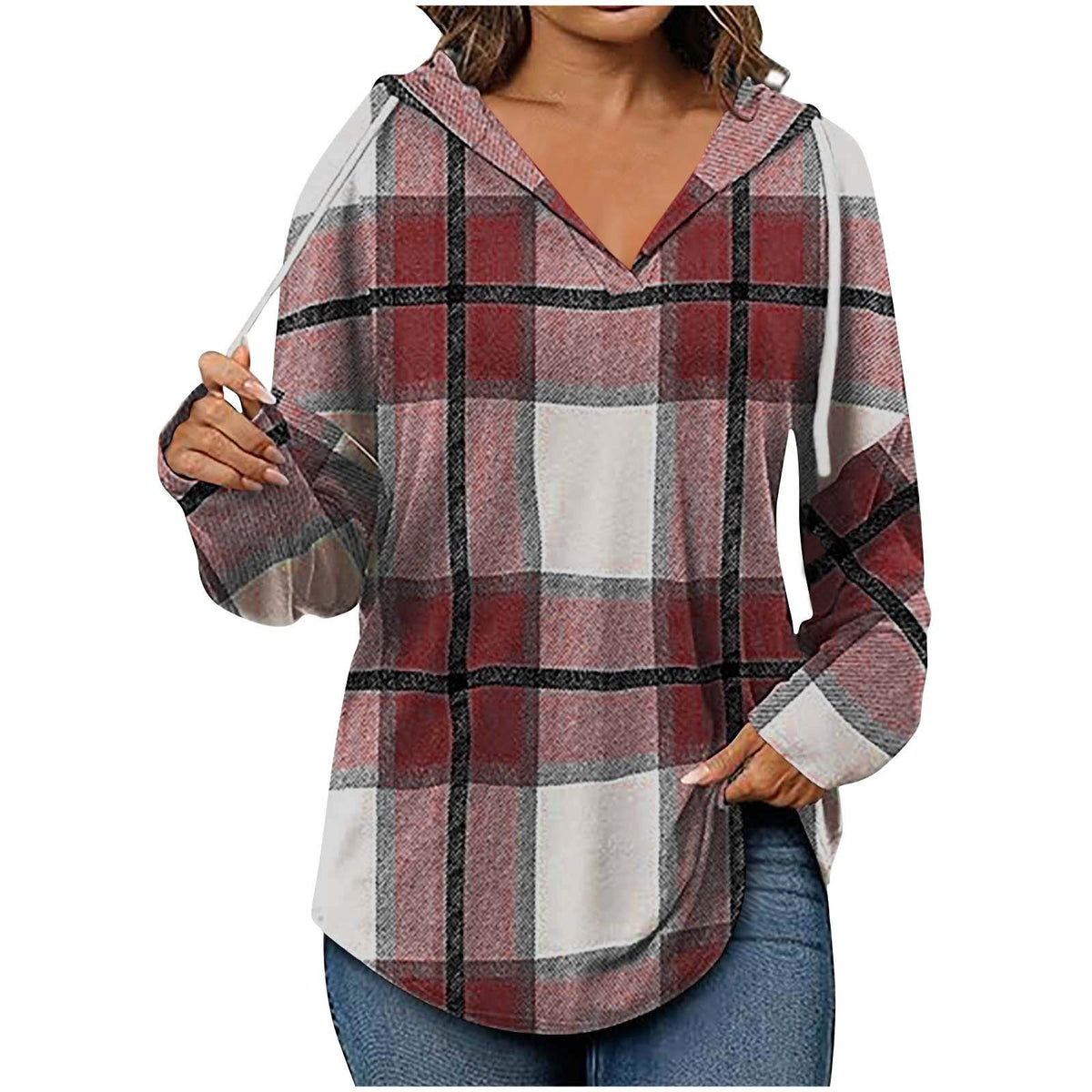 Casual V-Neck Plaid Hoodie with Drawstring