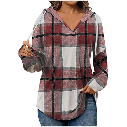 Casual V-Neck Plaid Hoodie with Drawstring