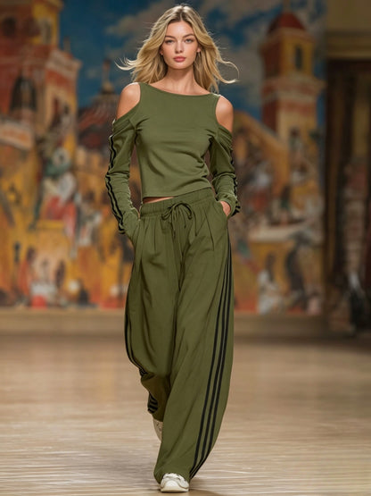 Women's Off-Shoulder Striped Long Sleeve Two-Piece Set