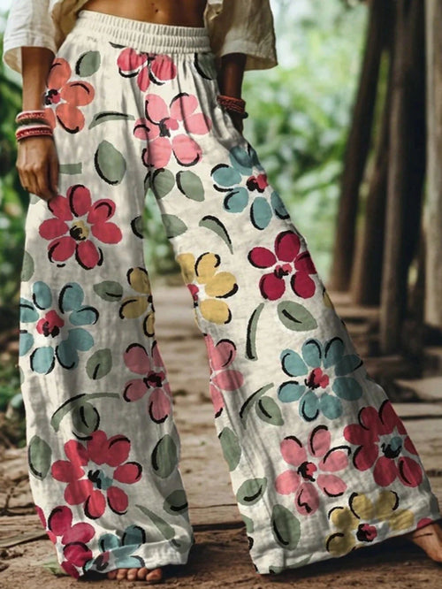 🌸Women Boho Floral Bird Print Wide Leg Long Pants With Pockets
