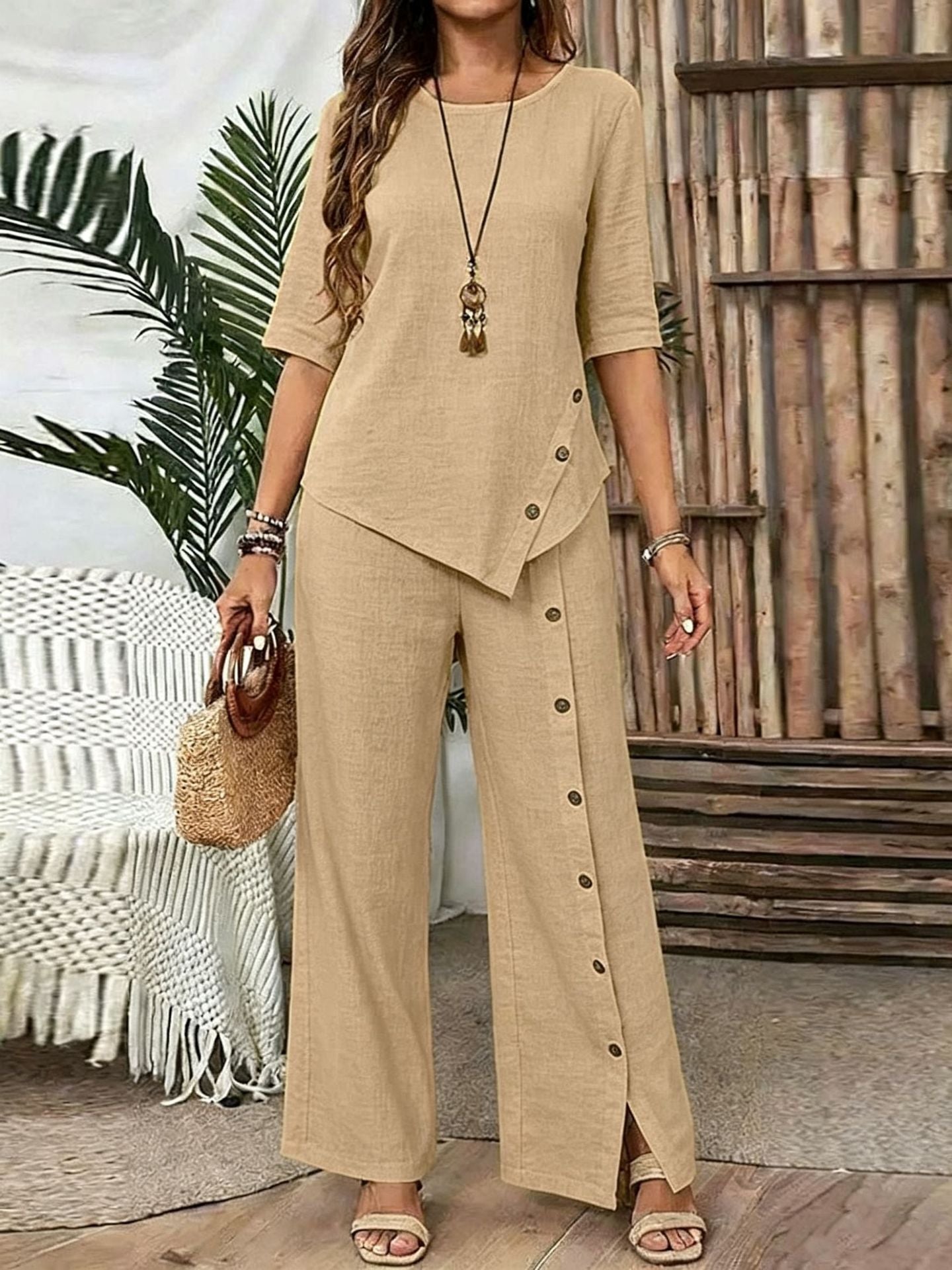 ✨Elegant Asymmetric Top & Wide-Leg Trouser Set