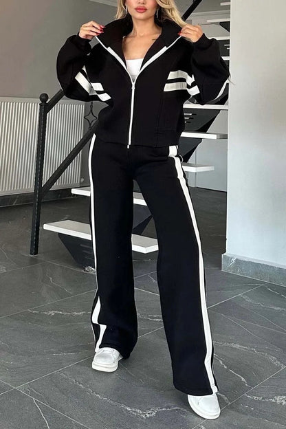 Women's Contrast Stripe Zip Up Jacket & Wide Leg Pants Set