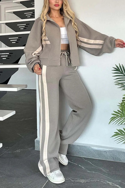 Women's Contrast Stripe Zip Up Jacket & Wide Leg Pants Set