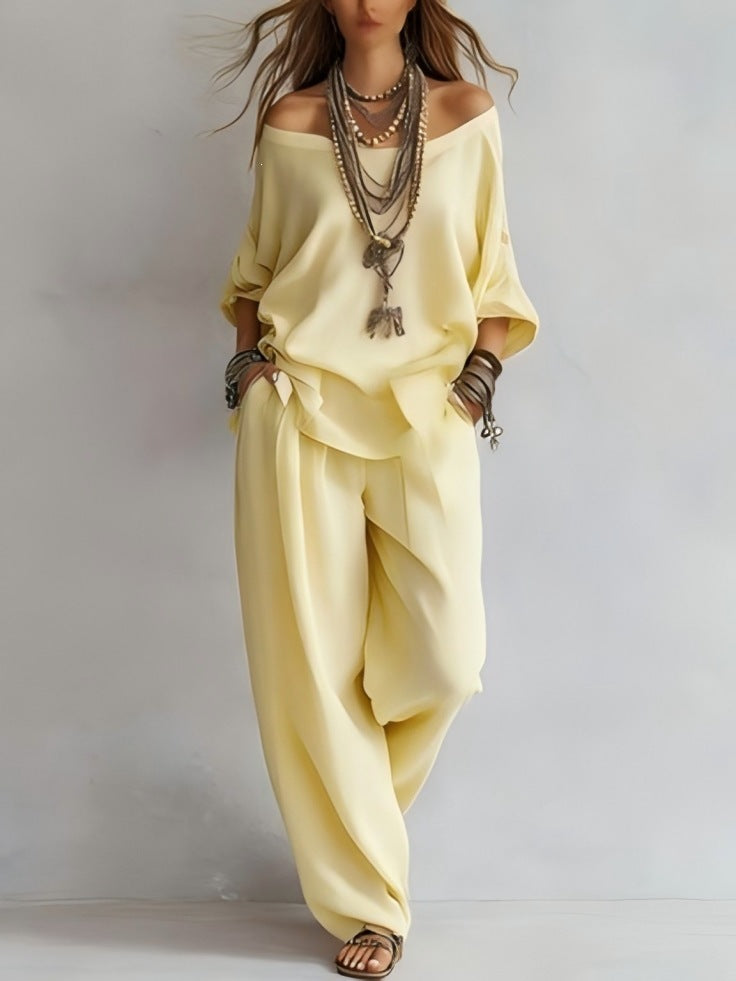 Boho Minimalist Off-Shoulder Matching Pants Set