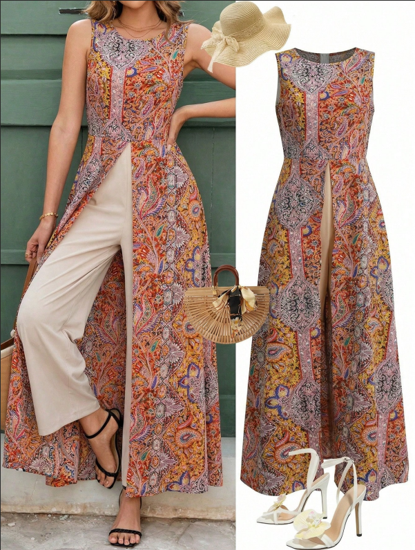 Women's Boho Printed Sleeveless Front-Split Maxi Top & Wide-Leg Pants 2-Piece Set