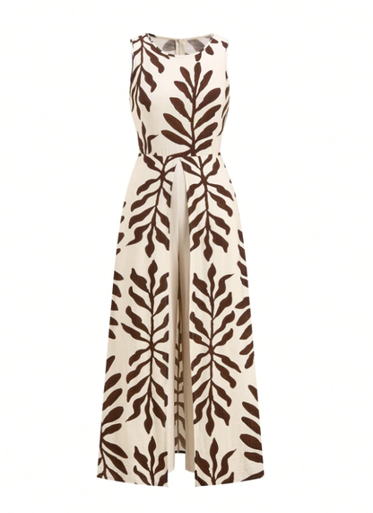 Women's Boho Printed Sleeveless Front-Split Maxi Top & Wide-Leg Pants 2-Piece Set