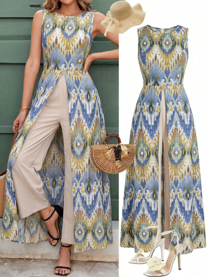Women's Boho Printed Sleeveless Front-Split Maxi Top & Wide-Leg Pants 2-Piece Set