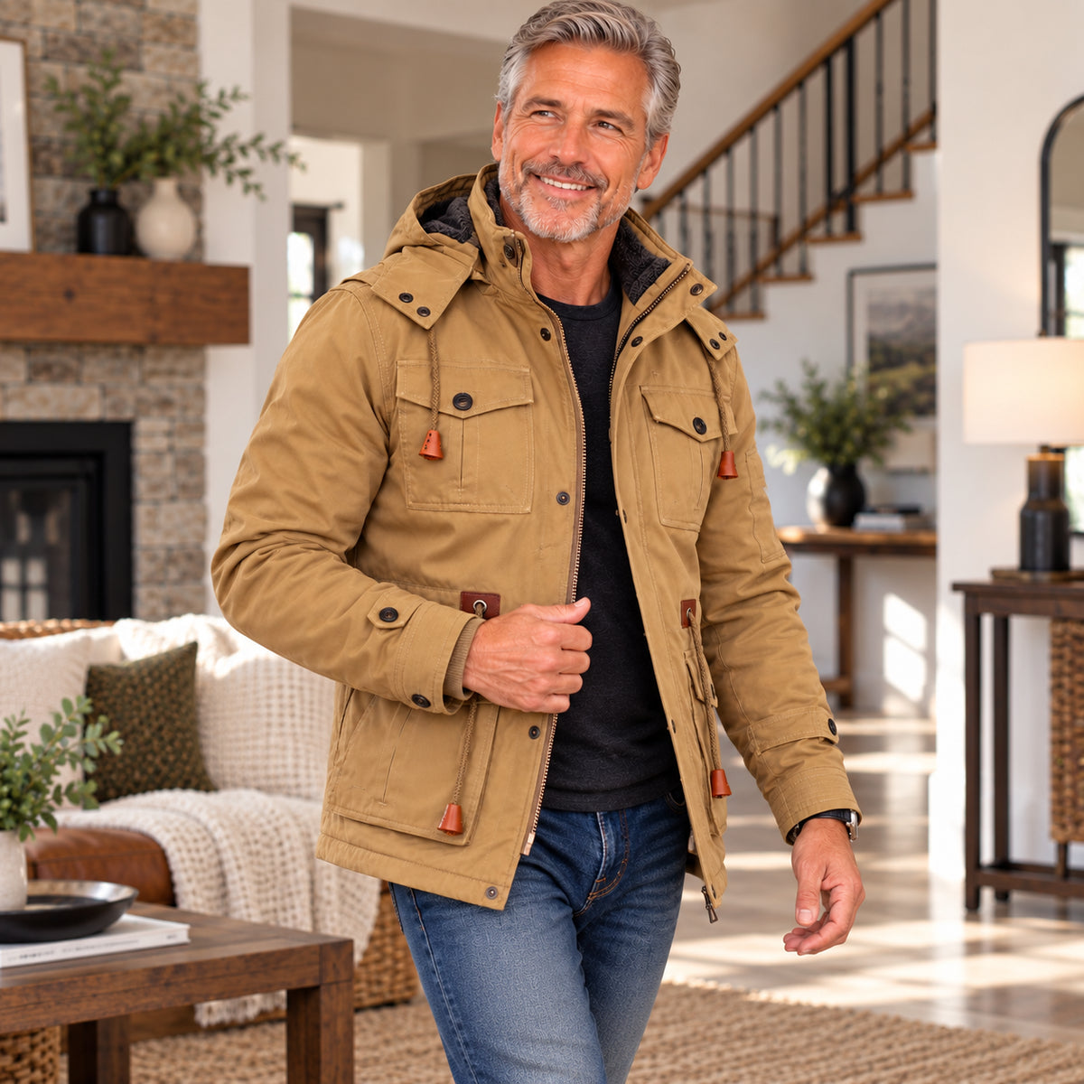 Men's Warm Fleece-Lined Hooded Utility Jacket