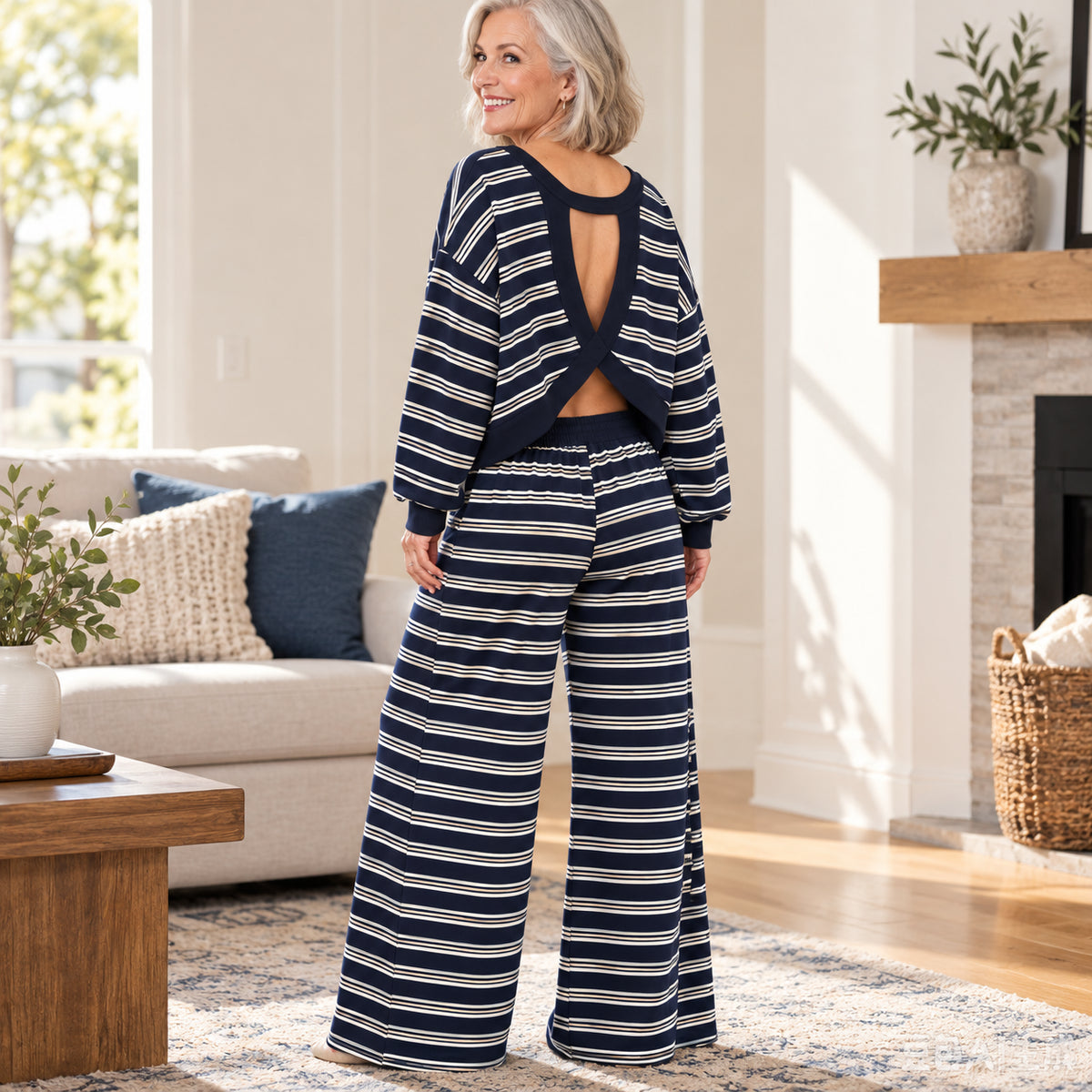 Women's Striped Open-Back Wide-Leg Casual Set
