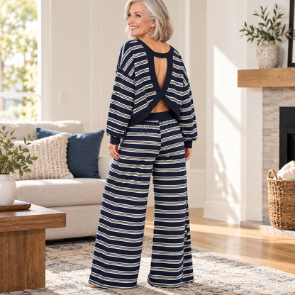 Women's Striped Open-Back Wide-Leg Casual Set