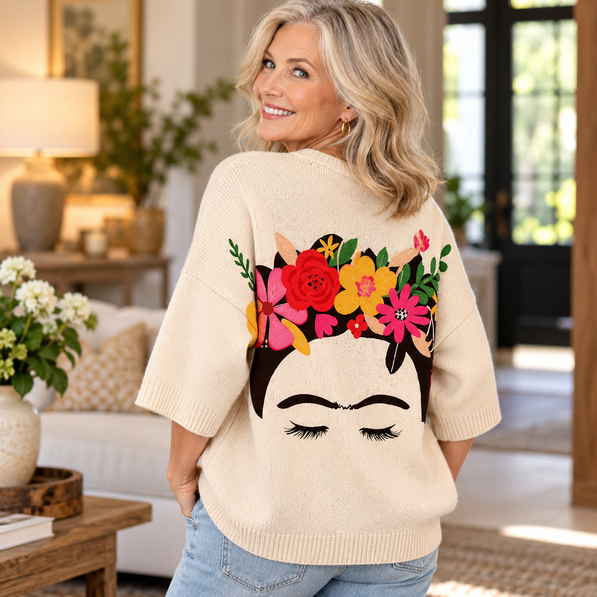 Women's Floral Portrait Knit Sweater