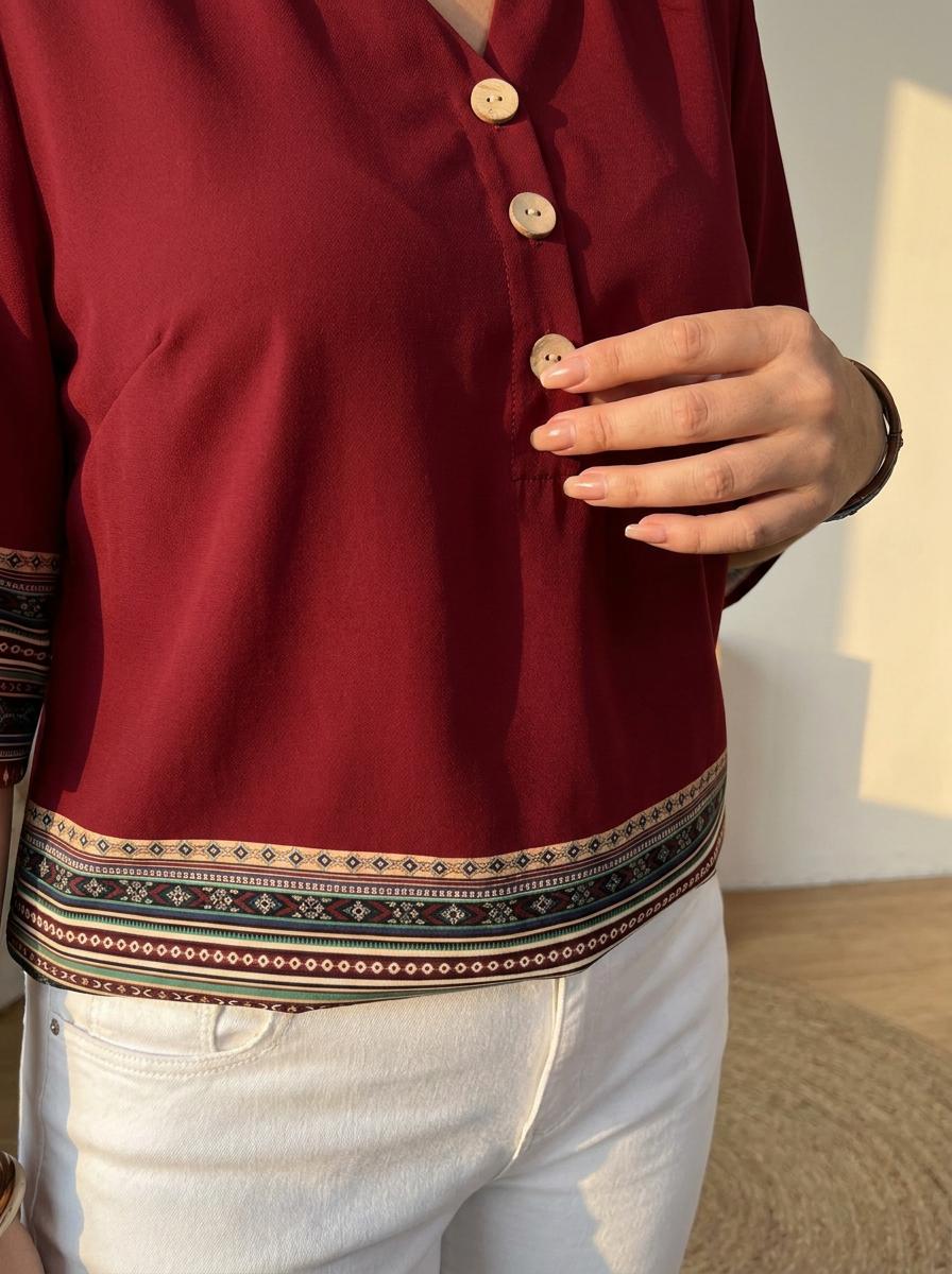 Women's Plus Size Vintage Print V-Neck Blouse with Casual Loose 3/4 Sleeve