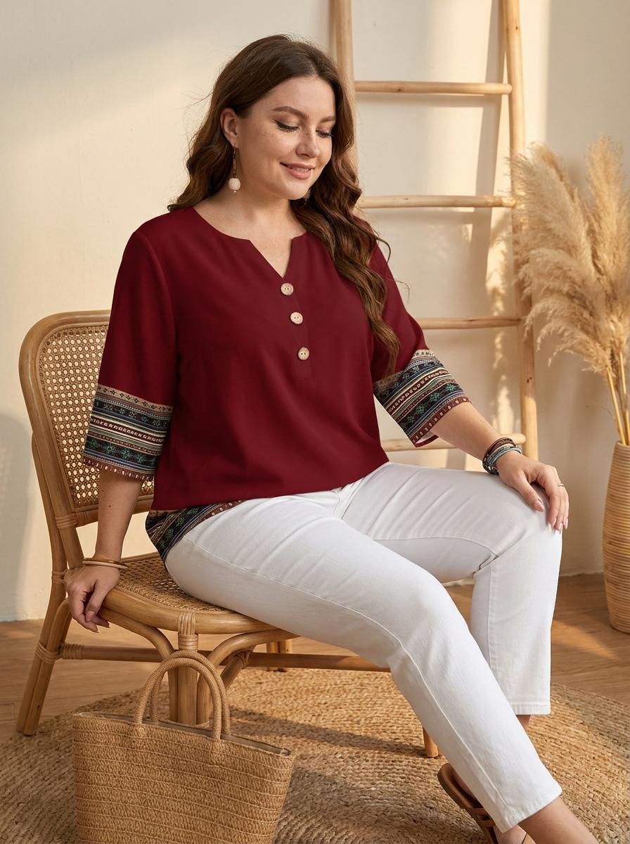 Women's Plus Size Vintage Print V-Neck Blouse with Casual Loose 3/4 Sleeve