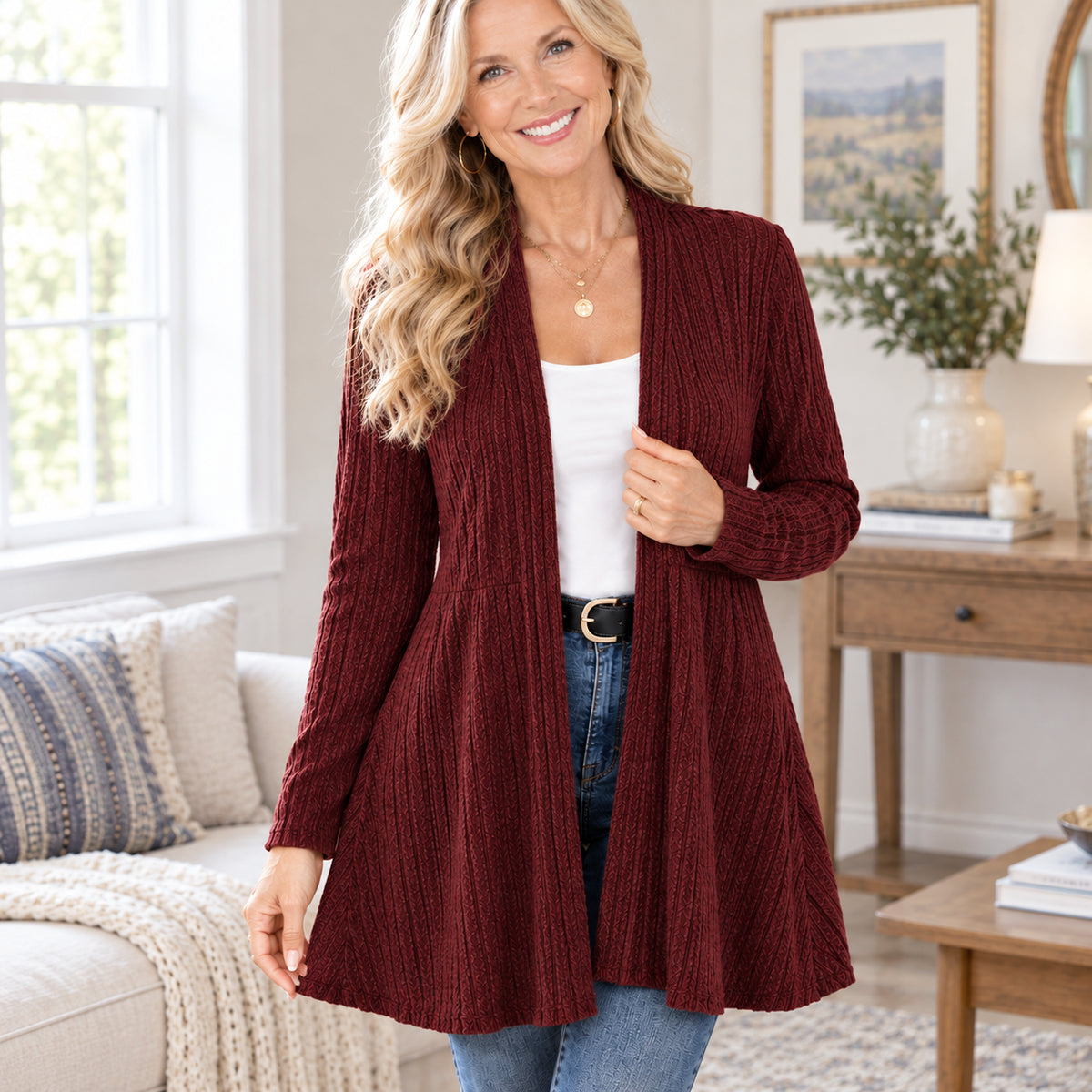 Women's Elegant Flowy Longline Open-Front Knit Cardigan