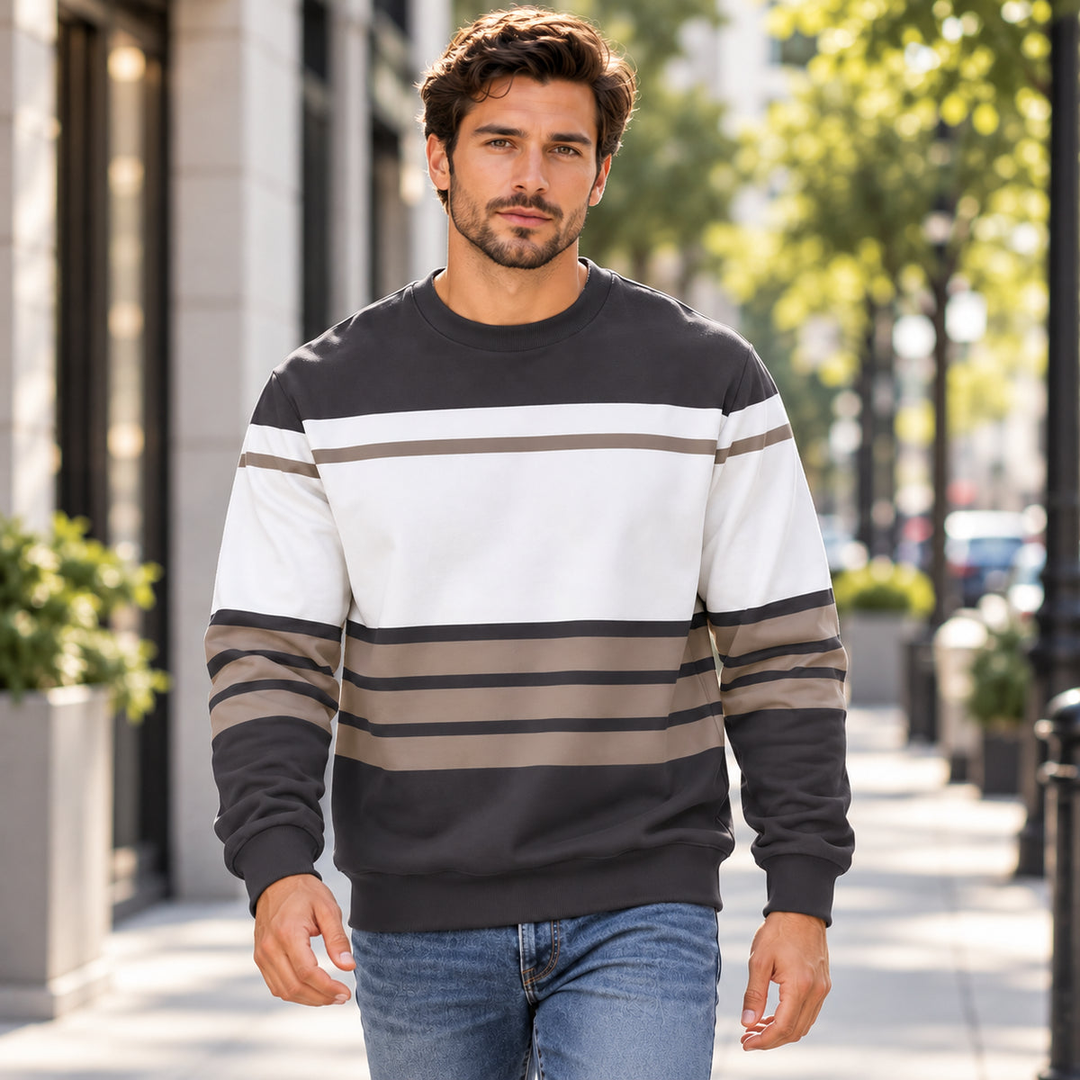 Men's Classic Colorblock Striped Relaxed Fit Sweatshirt