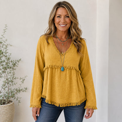 Women’s Boho V-Neck Fringe Babydoll Top
